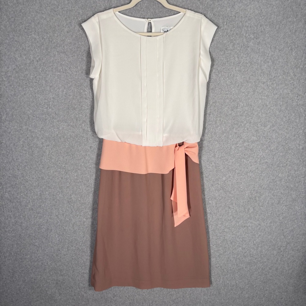 Vintage Blouson Dropped Waist Midi Dress Small White Peach Bow Retro 80s 90s